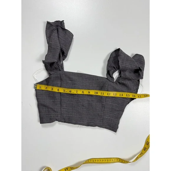 Hyfve Womens Charcoal Grey Pinstripe Ruffle Strap Smocked Back Crop Top Small - Picture 3 of 5